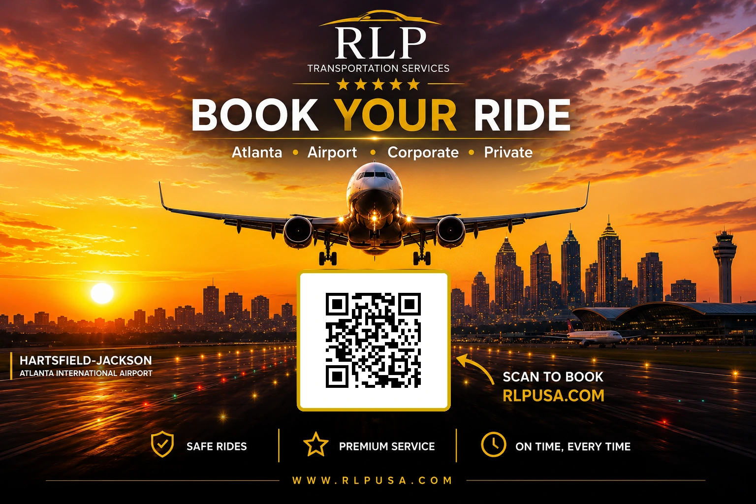Airplane arriving at Atlanta airport at sunrise with RLP booking QR code